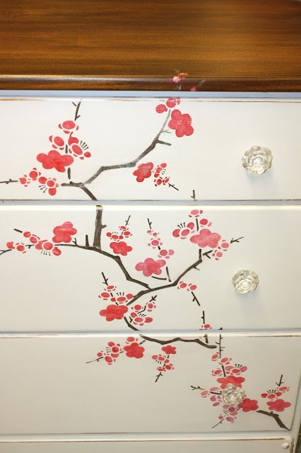 Pink sakura, but I was hoping for something more realistic than cartoony.  -cj Cherry Blossom Furniture, Cherry Blossom Stencil, Simple Tv Unit Design, Updating Furniture, Walter Anderson, Country Chic Decor, Dresser Refinish, Decorating 101, Wallpaper Stencil