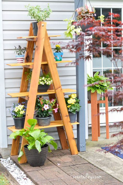 See how to build this A-frame folding plant stand out of western red cedar to beautifully display an outdoor plant collection! Diy Tall Plant Stand Outdoor, Diy Ladder Plant Stand, Plant Shelves Outdoor, Garden Shelf, Garden Ladder, Plant Ladder, Wellness Event, Ladder Shelves, Cadre Diy