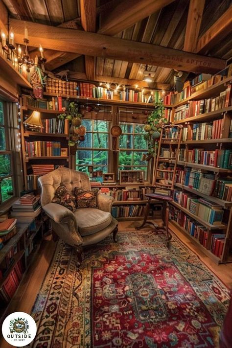 She Shed Library Interior, Rustic Library Ideas, Library Shed Ideas, Moody She Shed, She Shed Reading Nook, Shed Library Ideas, Library She Shed, She Shed Library Ideas, She Shed Library