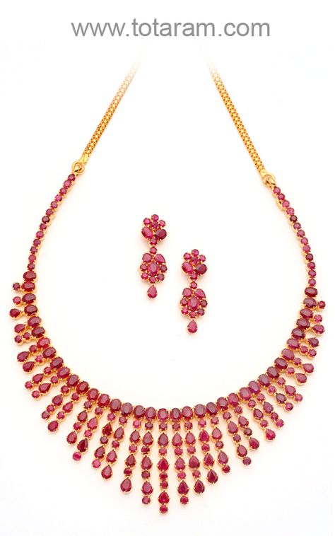 22K Gold Rubies Necklace & Ear hangings Set Rubies Necklace, Lakshmi Haram, Ruby Necklace Designs, Gold Ruby Necklace, Ruby Jewelry Necklaces, 22k Gold Necklace, Ruby Jewellery, Temple Jewelry Necklace, 22k Gold Jewelry