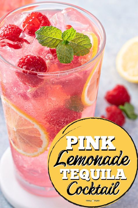 pink lemonade & tequila cocktail Pink Alcoholic Drinks For A Party Tequila, Girly Tequila Cocktails, Pink Tequila Cocktail, Pink Drink Cocktail, Pink Tequila Drinks, Cute Cocktail Recipes, Tequila Punch Recipes, Tequila Lemonade, Margarita Cocktail Recipes