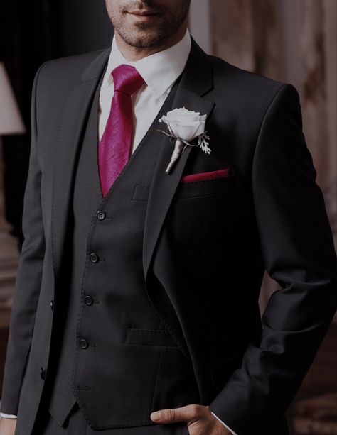 Pink Prom Suit, Pink Tux, Pink Suit Men, Pink Groomsmen, Black Three Piece Suit, Pink Black Weddings, Hot Pink Accessories, Pink Tuxedo, Black Suit Dress