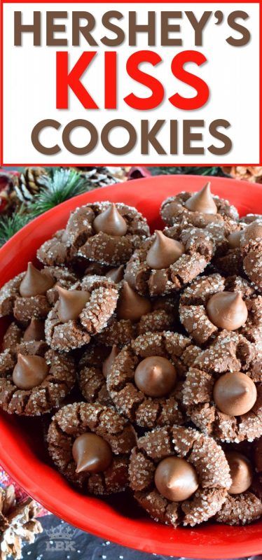 A deliciously decadent chocolate cookie, coated in sugar, and topped with a chocolate kiss, Hershey's Kiss Cookies are a perfect holiday treat that everyone will love! #hersheys #kiss #cookies #christmas #holiday #baking Herseys Chocolate Kiss Cookies, Chocolate Cookie With Hershey Kiss, Hersey Kiss Cookies Christmas, Hersheys Chocolate Kiss Cookies, Hershey Kiss Cookies Recipe Christmas, Cookies Using Hershey Kisses, Chocolate Hershey Kiss Cookies, Chocolate Kisses Cookies, Chocolate Kiss Cookies Recipes