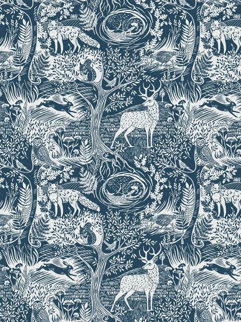 Winter Woods Wallpaper, Bathroom Wallpaper Blue, Blue Wallpaper Living Room, Whimsy Wallpaper, Deep Blue Wallpaper, Stag Wallpaper, Nordic Wallpaper, Woods Wallpaper, Fox Wallpaper