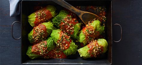 Vegan Cabbage Rolls, Vegan Cabbage, Falafel Burgers, Light Lunches, Healthy Vegan Diet, Orange Vinaigrette, Forks Over Knives, Savoy Cabbage, Potato Hash