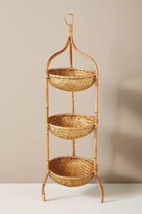 Wicker Basket Diy, Tiered Basket Stand, Anthropologie Store, Tiered Fruit Basket, Neat Method, Cane Baskets, Basket Stand, Cookie Stand, Organizing Products