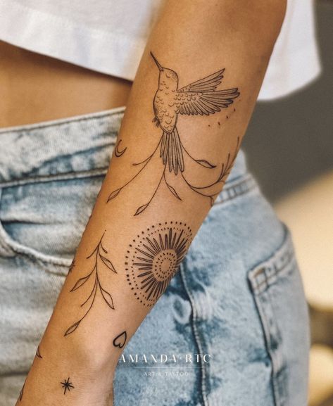 South Western Tattoo, Outer Lower Arm Tattoos For Women, Southwestern Tattoos For Women, Feminine Bicep Tattoo, Tattoo Arm Placement For Women, Boho Arm Tattoo, Inside Forearm Tattoos, Womanhood Tattoo, Underarm Tattoo Women