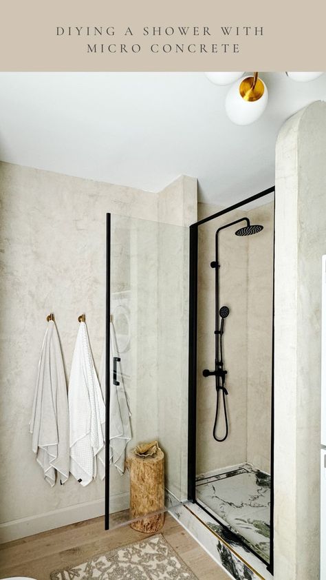 Lara Osseiran ▸ Interior Design, Home Styling & DIYs | Yes!! You can cover tiles. Yes! It’s waterproof. If you like texture and an organic feel, micro cement is such an easy and affordable way… | Instagram Organic Modern Mediterranean, Micro Bathroom, Micro Concrete, Modern Mediterranean Home, Micro Cement, Cement Bathroom, Concrete Shower, Laundry Makeover, Cement Design