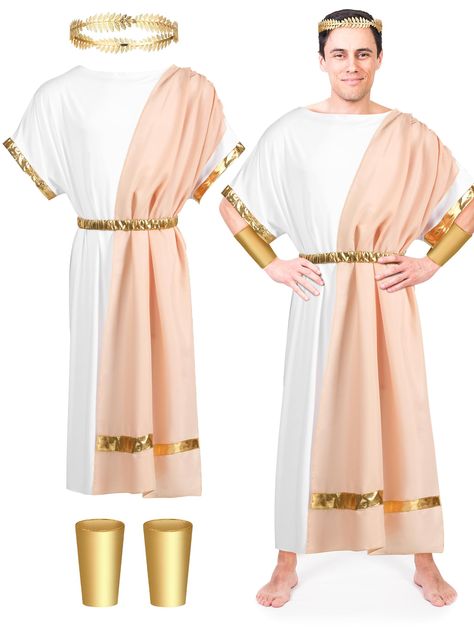 PRICES MAY VARY. Complete Greek Costume Set: make yourself into the Greek theme with our costume set which includes: a toga costume, a belt, a pair of wristbands, and a Greek crown; Fabulously designed with the main color palette of white and gold, our men's toga costume effortlessly catches the charm of ancient Greek males Quality Material: made from quality material, our Greek costume ensures longevity and durability; It not only offers a luxurious feel but also makes the costume comfortable t Angel Male Costume, Greek God Costume Male, Mens Toga Costume, Ancient Greece Clothing, Greece Costume, God Costume, Greek Outfit, Greece Party, Greek God Costume