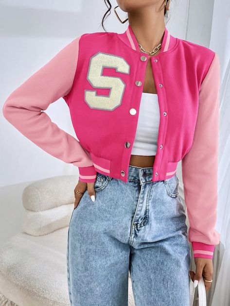 SHEIN EZwear Letter Patched Crop Varsity Jacket | SHEIN USA Cropped Jacket Outfit, Varsity Jacket Outfit, Varsity Jacket Women, Jacket Outfit Women, Winter Outerwear, Casual Vest, Crop Jacket, Casual Jacket, Fashion Online Shop