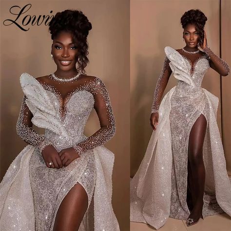 African Wedding Dresses Long Sleeves Sheer Net Mermaid Bridal Gowns 2024 Custom Made Plus Size Bride Luxury Wedding Gown, Glam Wedding Dress, Plus Size Bride, Wedding Dress Patterns, African Wedding Dress, Bridal Gowns Mermaid, White Gown, Dream Wedding Ideas Dresses, Wedding Dress Fabrics