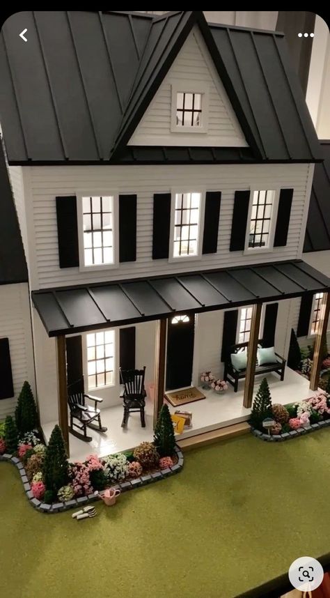 Home Made Dollhouse, Dollhouse Repurpose Ideas, Exterior Doll House Ideas, Vermont Jr Dollhouse, Vermont Farmhouse Jr Dollhouse Interior Ideas, Dollhouse Porch Ideas, Vermont Farmhouse Jr Dollhouse Interior, Hobby Lobby Dollhouse, Dollhouse Outside