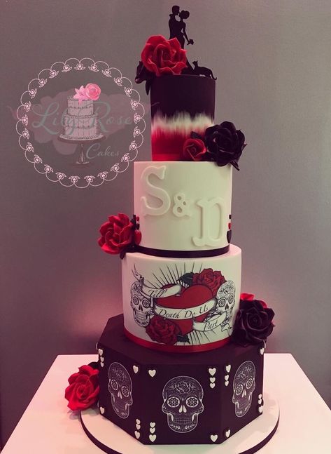 Rockabilly Wedding Cake, Rock Wedding Cake, Rock And Roll Wedding Cake, Rock N Roll Wedding Cake, Black Red Wedding Cake, Skull Themed Wedding, Black And Red Wedding Cake, Red And Black Wedding Cake, Wedding Cakes Red