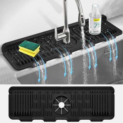 PRICES MAY VARY. 【Upgrade Version】【TIP】Please Measure Size of Your Faucet & Sink Before Purchase! The silicone sink faucet mat Newly upgraded slope design to improve water drainage into the sink. Silicone Faucet Handle Drip Catcher has FOUR drain outlets and vertical line design allows water to drain away. and a dish drying mat designed with a sponge , soap, glass holder, more practical. 【Quality Material】Our kitchen sink faucet mat is made of food-grade silicone, environmental-friendly and reus Kitchen Stove Water Faucet, Products That Make Life Easier, Bestie Apartment, Farmhouse Rv, Silicone Accessories, Slope Design, Sink Splash Guard, Faucet Mat, Upgraded Kitchen