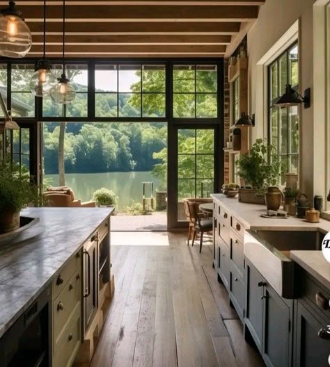 Modern River House Interior, Lake House Outdoor Kitchen, Lakehouse Kitchens, Industrial Lake House, Lakehouse Kitchen, Lake Kitchen, Lake House Interior, Modern Lake House, Lake House Kitchen