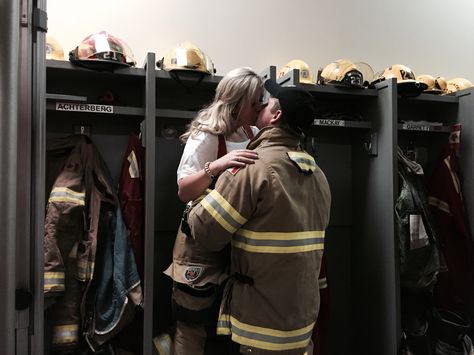 Firefighter Couple Photoshoot, self captured and absolutely beautiful @tybozak Firefighter Couple Aesthetic, Firefighter Relationship, Nurse Firefighter Couple, Firefighter Boyfriend Aesthetic, Firefighter Couple Pictures, Hector Diaz, Firefighter Husband, Firefighter Couple, Firefighter Boyfriend