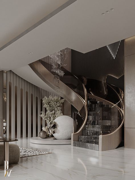 Main Hall & Dining. :: Behance Stairs Hall Design, Luxury Staircase Grand Entrance, Duplex Staircase Design, Entrance Hall Ideas, Modern Staircases, Spiral Stairs Design, Steel Staircase, Tranquil Home, Luxury Staircase