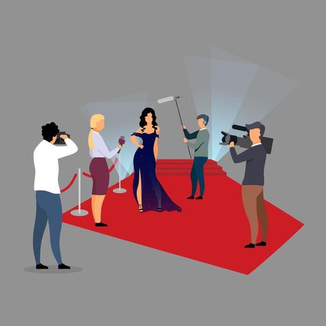 Red carpet ceremony reportage flat vector illustration. Journalists interviewing super star, celebrity cartoon characters. Reporters, paparazzi, photographers working at concert, festival concept Celebrity Cartoon, Star Illustration, Concert Festival, Flat Vector Illustration, Vector Character, Flat Vector, Super Star, Celebrity Interview, The Red Carpet