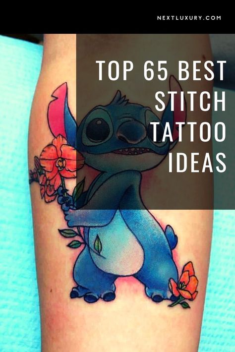 One of the more popular Disney characters that people have chosen to get tattooed is the lovable but unpredictable alien from the 2002 film, Lilo & Stitch. #tattooideas Stitch Memorial Tattoo, Evil Stitch Tattoo, Tiny Stitch Tattoo, Stitch Disney Tattoo Ideas, Lilo And Stitch Tattoo Matching, Stitch Disney Tattoo, Stitch Ohana Tattoo, Small Stitch Tattoo, Lilo And Stitch Tattoo Ideas