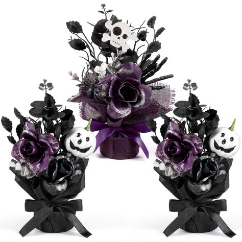 PRICES MAY VARY. Potted Halloween Artificial Flowers: You will receive 3 pack small burlap potted flowers tied with purple black bow with different themed designs, including black leaves, pumpkin, skeleton and so on; Nice combination can meet your Halloween festivities decoration needs. Quality Material: Made of quality plastic and gunny material, these faux flowers in small burlap bag vases are not only visually charming but also robust; Ensuring lasting freshness and color, even when placed ou Halloween Wedding Reception Centerpieces, Purple Table Centerpieces, Halloween Table Decorations Centerpieces, Purple Flower Centerpieces, Halloween Party Centerpieces, Halloween Wedding Reception, Kitchen Indoor Outdoor, Fake Potted Plants, Outdoor Vases