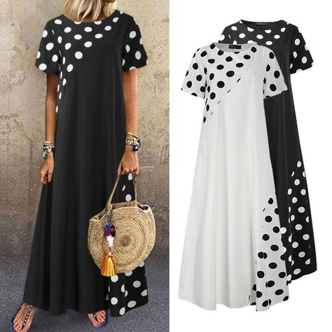 Womens Summer Polka Dot Long Dress Kaftan Short Sleeves Patchwork Casual Loose Maxi Dress Plus Size Polka Dot Long Dress, Rok Denim, Maxi Dress Plus Size, Dress Kaftan, Loose Maxi Dress, Plus Size Maxi Dresses, Dress Plus Size, Spring Dresses, Skirt Outfits