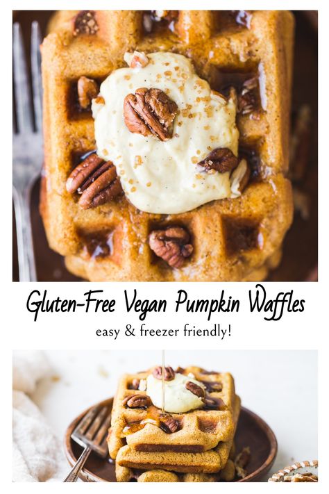 Gluten-Free Vegan Pumpkin Waffles are crispy, fluffy, & easy to make. They’re freezer-friendly & perfect for meal prep! Pumpkin Waffles Easy, Vegan Pumpkin Waffles, Easy Pumpkin Oatmeal, Vegan Pumpkin Pancakes, Pumpkin Recipes Easy, Vegan Pumpkin Pie, Peanut Butter Pumpkin, Pumpkin Waffles, Gluten Free Recipes For Breakfast