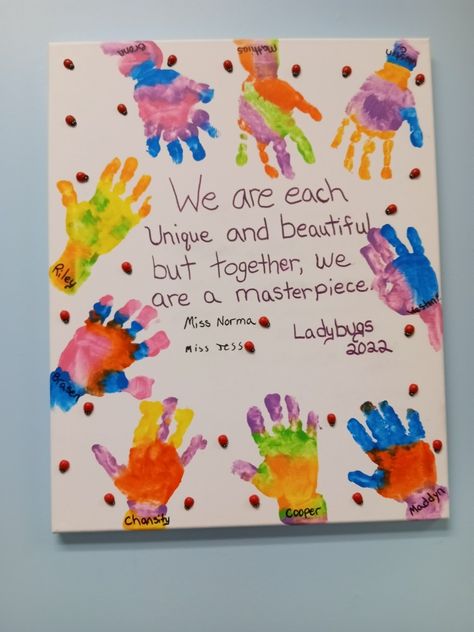 Group Handprint Art Class Projects, All About Us Preschool Activities, Here Are My Hands Preschool, Wonderful Me Art Toddlers, Belonging Activities For Toddlers, Infant Friendship Activities, Friendship Handprints Preschool, Diversity Math Activities For Preschool, Family Theme Infant Activities