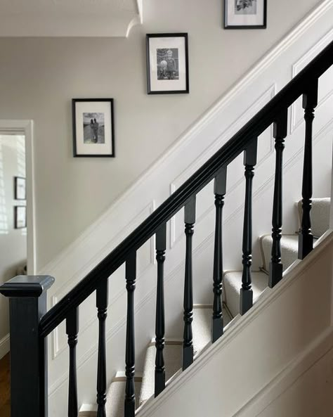 Light Staircase Ideas, Black Frames Staircase, Black Bannisters And Spindles, Grey Spindles Staircase, Black Stair Banister Ideas, Traditional Bannister, French Grey Staircase, Farrow And Ball Off Black Staircase, Black Banister Ideas