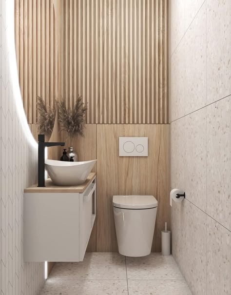 Floor And Decor Tile Ideas, Bathroom Wallpaper Modern Accent Wall, Small Wood Panel Bathroom, Organic Modern Bathroom Wallpaper, Wc Design Modern Small, Small Minimalist Bathroom, Japandi Bathroom Design, Luxury Powder Room, Small Toilet Design