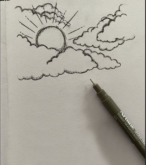 Interesting Pictures Art, Rapidgraphy Art, Aestethic Sketch, How To Draw A Sun, Easy Art To Draw, Cool Art Easy, Cloud Sketch Pencil, Drawings Of Clouds, Sun And Clouds Drawing