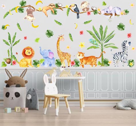 PRICES MAY VARY. ♥Modern Wall Decor: The watercolor jungle animal wall stickers design conforms to the modern decoration style, multiple animal with Tropic leaves may be bright your wall and bring happiness to your life. ♥Product Details: What you received is 4 sheets forests wildlife wall stickers (total 67pcs). Which include the Elephant, Monkey, Lion, Tiger, Zebra, Giraffe, Tropical leaves..... Finished size :70”x53” . ♥Good Choice For Decoration: Whether you want to add color to your child's Safari Animal Wall Decals, Jungle Themed Nursery, Animal Decals, Baby Room Wall Decor, Wildlife Artwork, Normal Wallpaper, Animal Wall Decals, Jungle Nursery, Baby Room Wall