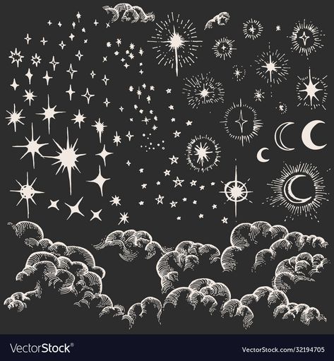 Stars In The Sky Drawing, Stary Sky Drawing, Clouds And Stars Drawing, Celestial Star Drawing, Night Stars Drawing, Night And Day Drawing, Clouds Line Drawing, Drawing Stars Sky, Star Sky Drawing