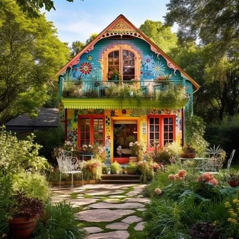 Eccentric House Exterior, Boho House Exterior, Unique Houses Exterior, Magical Cottage, Fairytale Houses, Cute Cottages, Storybook House, Colorful House, Whimsical Cottage