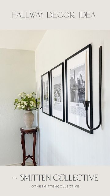 Krystal Smit on Instagram: "Have an empty wall or hallway that could use some decor, but want a personal touch as well? I did 3 large framed prints of the major cities we’ve lived in, flanked by my favorite candle sconces that are such a steal and decorating staple! Prints are from @nbourhood.poster and the frames are IKEA! Shop the scones through the link in my bio or by following my on the @shop.LTK app! . . . . . . . #interiordecor #homedecorideas #hallwaydecor #walldecor #interiordesign #i Dining Room Chandelier And Wall Sconces, Hallway Candle Sconces, Long Hallway Picture Wall Ideas, Hall Wall Sconces Hallways, Hallway With Sconces, Photo Wall With Sconces, Wall Scones In Living Room, Candle Sconces Dining Room, Wall Art With Sconces