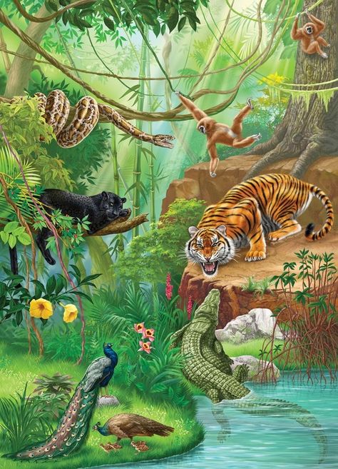 Animal Art Jungle Drawing, Maluchy Montessori, Indian Mythology, Sistem Solar, Jungle Scene, Jungle Illustration, Bollywood Posters, Jungle Art, Big Cats Art