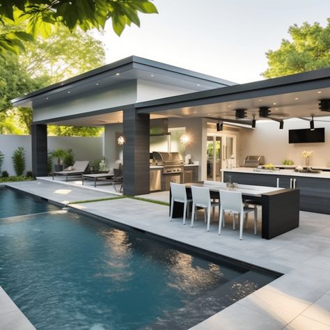 Outside Pool Decor Backyard Ideas, Pool Design Ideas Modern, Modern Pool Landscape Design, Backyard Kitchen With Pool, Modern Outdoor Pool Area, Modern Garden Design With Pool, Backyard Pool And Kitchen Ideas, Hot Tub Pool Ideas Backyard, Backyard Patio Designs With Kitchen