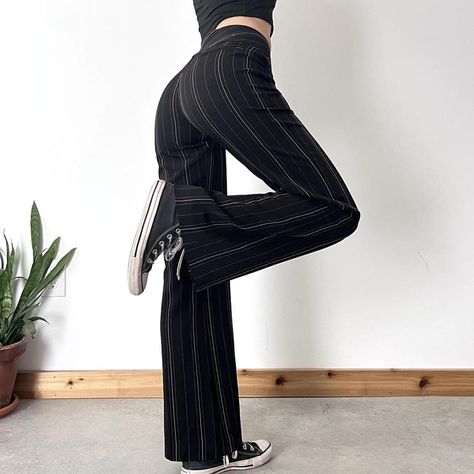 Black and Pink Striped Pants Low rise flare fit.... - Depop Low Waisted Pin Stripe Pants, Pinstripe Flare Pants, Earthy Tone Outfits, 90s Pants, Pants Low Rise, Black Flare Pants, Low Rise Pants, Practical Fashion, Kinds Of Clothes