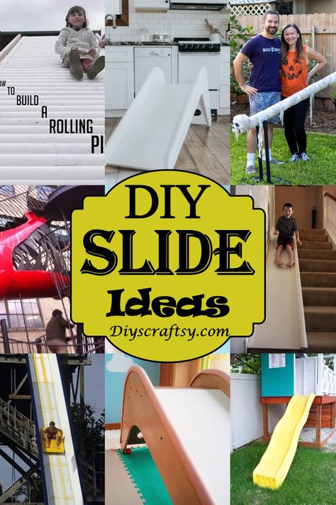 DIY Slide Ideas Diy Backyard Slide, Slide Diy Outdoor, Plastic Slide Makeover, Bunk Bed Slide Ideas, Diy Slide For Bed, Diy Pool Slides Inground, Outdoor Slide Ideas, Slide Off Porch, Hillside Slide Diy