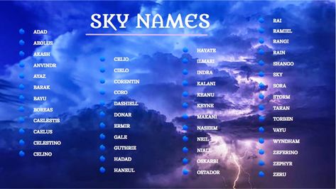 50 boys names that mean something relating to the skies listed against a stormy background of thunderclouds and lightning bolts Sky Related Names, Names That Mean Thunder, Night Sky Names, Names Meaning Rain, Names Meaning Wind, Names That Mean Rain, Names That Mean Wind, Names Meaning Storm, Names That Mean Air