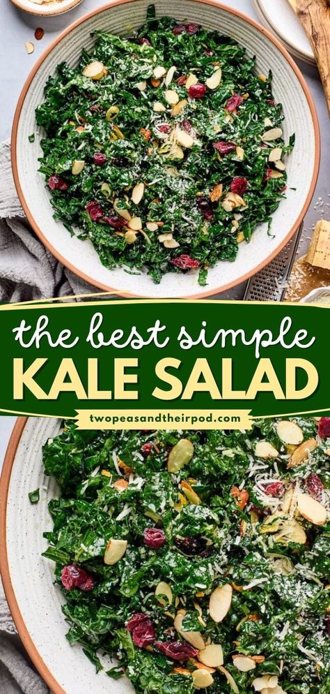 This Simple Kale Salad is made with fresh, hearty kale, Parmesan cheese, toasted almonds, dried cranberries, and a fresh lemon balsamic dressing. Add this simple side dish to your quick and easy food ideas for lunch! Cranberry Kale Salad, Best Kale Salad Recipe, Simple Kale Salad, Best Kale Salad, Kale Recipes Healthy, Kale Salad Dressing, Lemon Kale Salad, Cranberry Salad Recipes, Salad With Balsamic Dressing