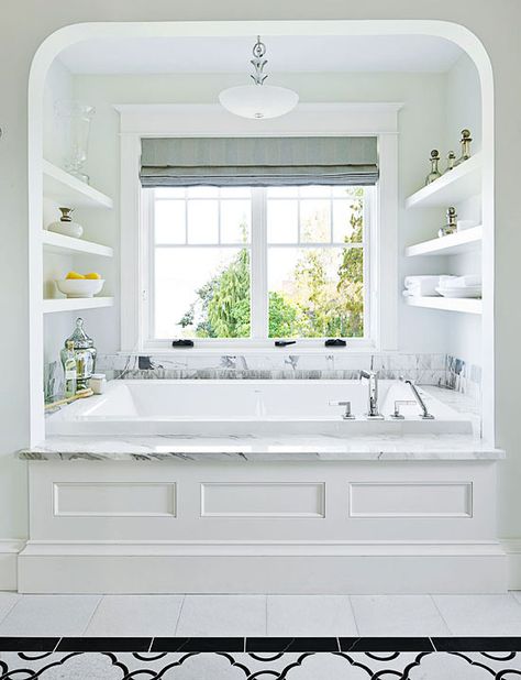 I really like the shelves!  book nook in the tub, love this! Remodel? Drop In Tub, Tub Ideas, Casa Country, Bad Inspiration, Tub Surround, Subway Tiles, Hus Inspiration, Dream Bathrooms, Bathroom Renos