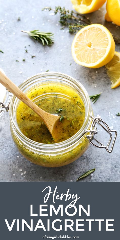 Herby Lemon Vinaigrette - This homemade lemon vinaigrette recipe is loaded with bright flavor and mealtime versatility. It promises to be one of your favorite fresh dressings of the summer! #lemon #vinaigrette #salad #dressing #herbs Mediterranean Lemon Vinaigrette Dressing, Lemon Herb Salad Dressing, Lemon Honey Vinaigrette, Lemon Shallot Vinaigrette, Lemon Herb Vinaigrette, Honey Lemon Vinaigrette Dressing, Lemon Vinegarette Dressing, Vinegarette Dressing Recipe, Herb Vinaigrette Dressing