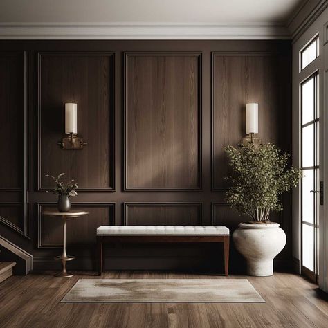 Maximizing Style with Minimalist Half Wall Paneling Ideas • 333+ Images • [ArtFacade] Small Wall Paneling Ideas, Modern Wood Paneling Walls Living Room, Wood Paneled Accent Wall, Office Ideas Wood Paneling, Mahogany Wall Paneling, Entryway Walls Ideas, Walnut Board And Batten Wall, Wood Wall Moulding, Dark Wood Paneling Walls Interior Design