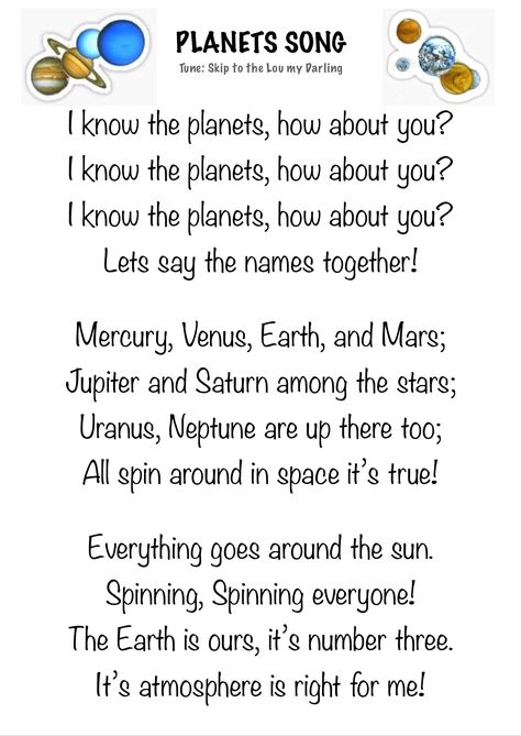 Easy to learn song about the planets. (sung to the tune of Skip to the Lou my Darling) Planet Roll Call Poem, Outer Space Songs Preschool, Space Rhymes For Preschool, Space Songs For Preschool, Solar System Songs For Preschool, Space Fingerplays, Learning Songs For Kindergarten, All About Space For Preschool, Space Songs For Toddlers