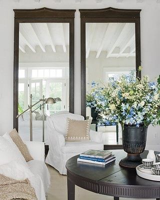 To make any room appear larger, put up wall mirrors.  By putting two mirrors side by side, the wall looks elegantly finished. New England Farmhouse, Mirror Wall Living Room, Classic Living Room, Room Remodel, Living Room Mirrors, Room Remodeling, New England, Decor Inspiration, Small Spaces