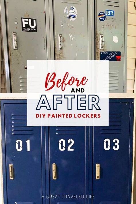 I have been wanting to repurpose a set of lockers for so long and I was able to snag this set for FREE. I couldn’t believe it when a client of mine was willing to give these away! I hope you are excited to see how I turned these filthy drab gray lockers into a magnificent storage system for my son’s sports themed room. When you you are done here head over to my Blog Post for more projects! These lockers were given to me for free so I was willing to put in a little more elbow grease… Painted Lockers, Diy Upholstered Storage Bench, Mummy Diy, Accent Wall Stencil, Black Feature Wall, Vintage Lockers, Mudroom Lockers, Metal Lockers, Vintage Laundry