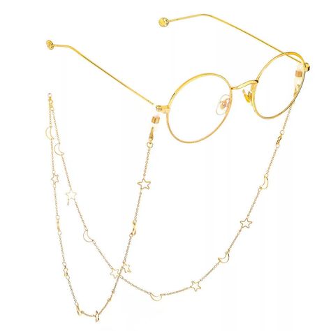 Gold/Star Moon Glasses Chain/Hollow Sunglasses Hanging Chain/Mask Chain/ Material: alloy copper Moon Glasses, Kawaii Glasses, Sunglasses Necklace, Fake Glasses, Eyewear Chain, Personalised Glasses, Gold Glasses, Mask Lanyard, Metal Glasses