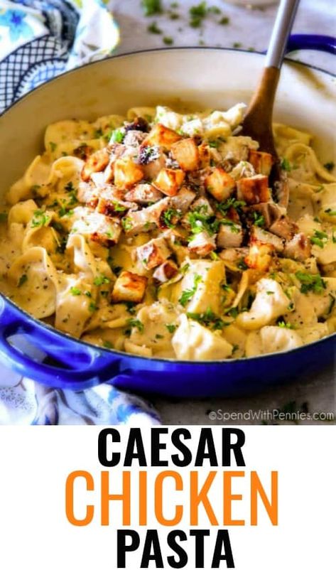 Chicken Caesar Salad Pasta!  Add small tub of chopped organic Spinach.  Yum! Chicken Ceasar Pasta Casserole, Chicken Caesar Pasta Bake, Caesar Chicken Pasta, Chicken Cesear Salad Pasta Dinner, Creamy Caesar Chicken, Chicken Angel Hair Pasta, Chicken Pasta Sauce, Chicken Breast Pasta, Chicken Caesar Pasta