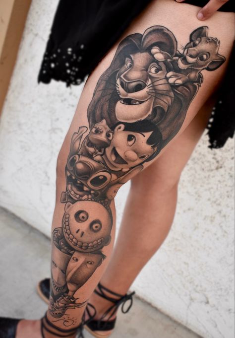 Disney Themed Leg Sleeve Tattoo, Disney Full Leg Tattoo, Disney Character Sleeve Tattoo, Character Leg Sleeve Tattoo, Realistic Disney Tattoo, Disney Sleeve Tattoo Black And White, Disney Leg Sleeve Tattoo Black And White, Disney Themed Tattoos Sleeve, Black Disney Tattoos