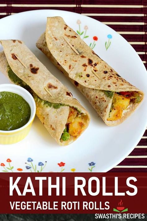 These Kathi rolls are nutritious, packed with flavors and makes for a great breakfast/meal. It's vegan, loaded with veggies & can also be made with frozen parathas or tortillas. Kathi Roll Recipe, Kati Roll, Kathi Roll, Fried Veggies, Indian Street Food Recipes, Breakfast Meal, Green Chutney, Cooking Recipes Healthy, Indian Breakfast